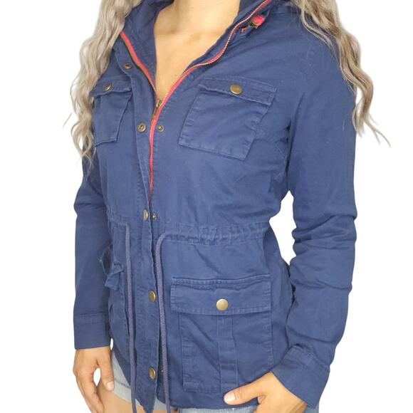 Navy Blue Cargo Jacket Womens Medium Gold Red Hooded Full Zip Utility Chore - Picture 2 of 16